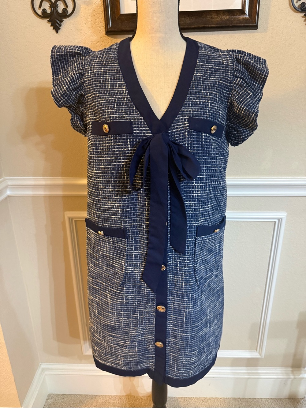 Voy Navy and White Tweed Gold Buttons bow to tie at neck. Size Medium Like New